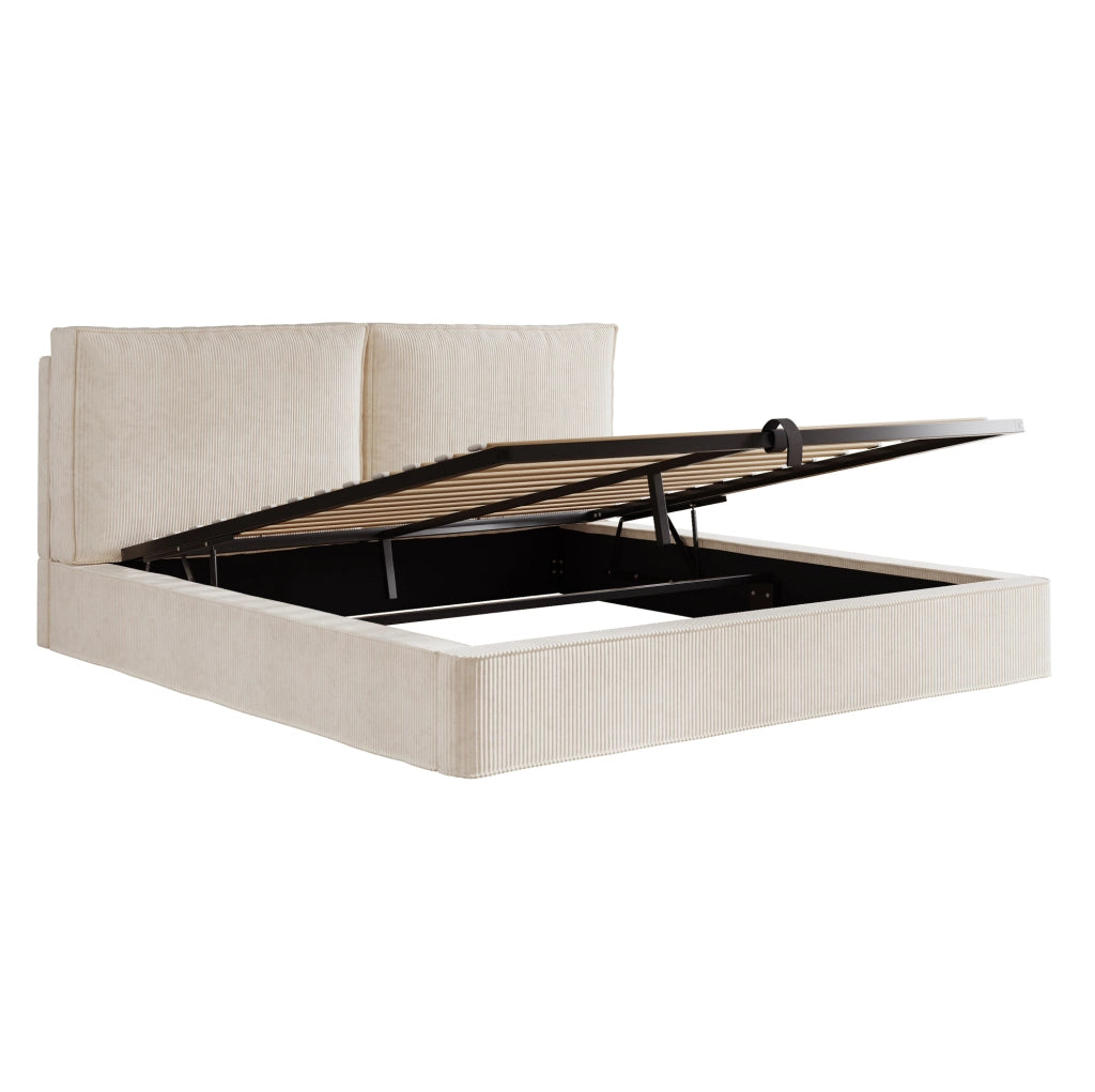 Letto 180x200 cm con contenitore idraulico e rete a doghe, rivestito in velluto a coste beige