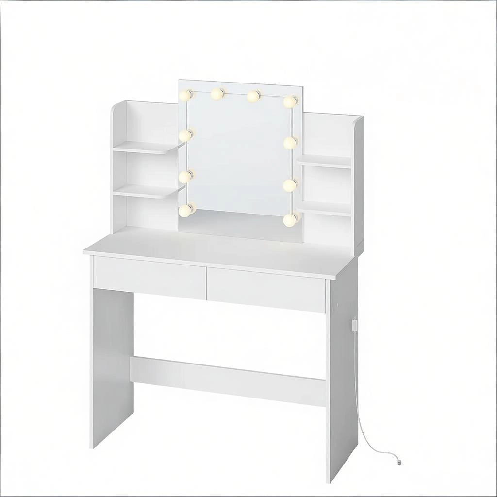 Toeletta con specchio LED 10 luci dimmerabili 3 tonalità 4 ripiani 2 cassetti legno bianco 40 × 90 × 135 cm