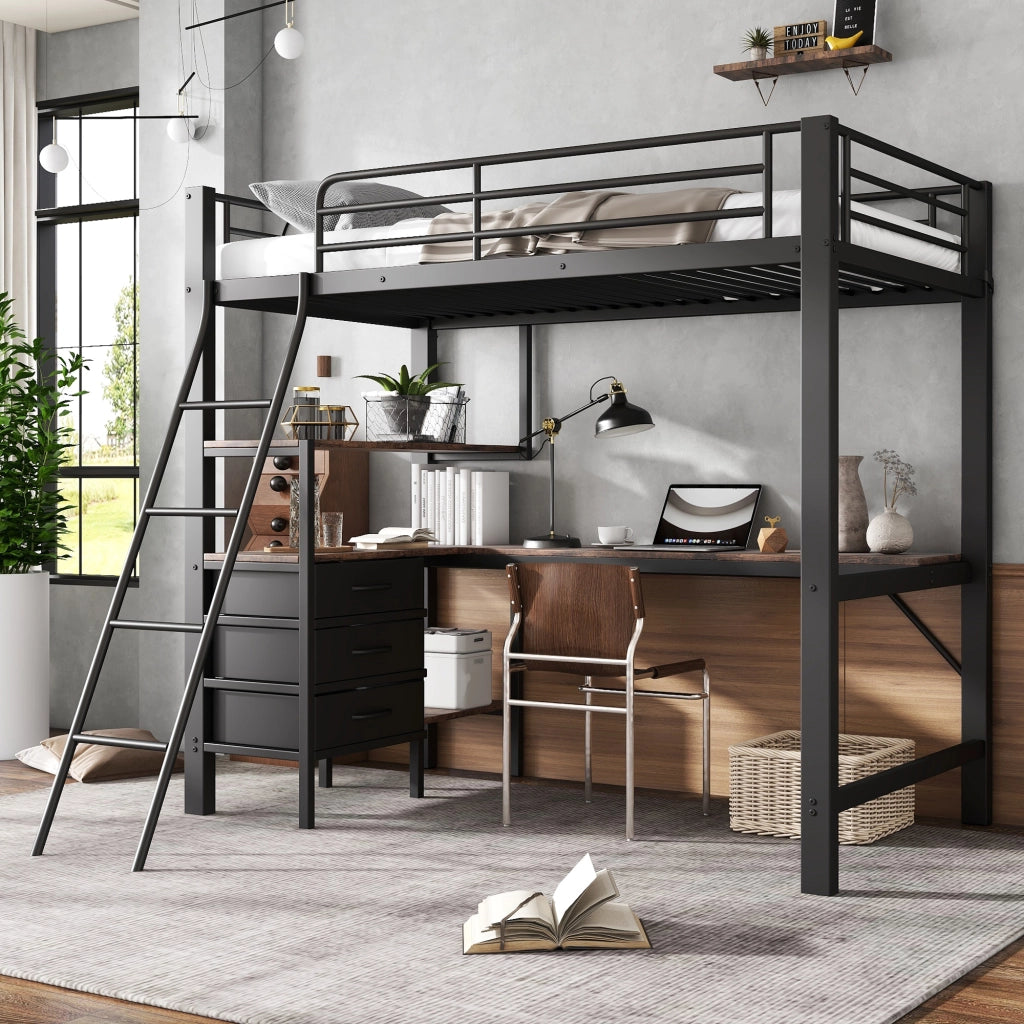 Letto a soppalco 90 × 200 cm 1 posto con scrivania da 200 cm, 3 cassetti e scala inclinata, senza materasso, nero