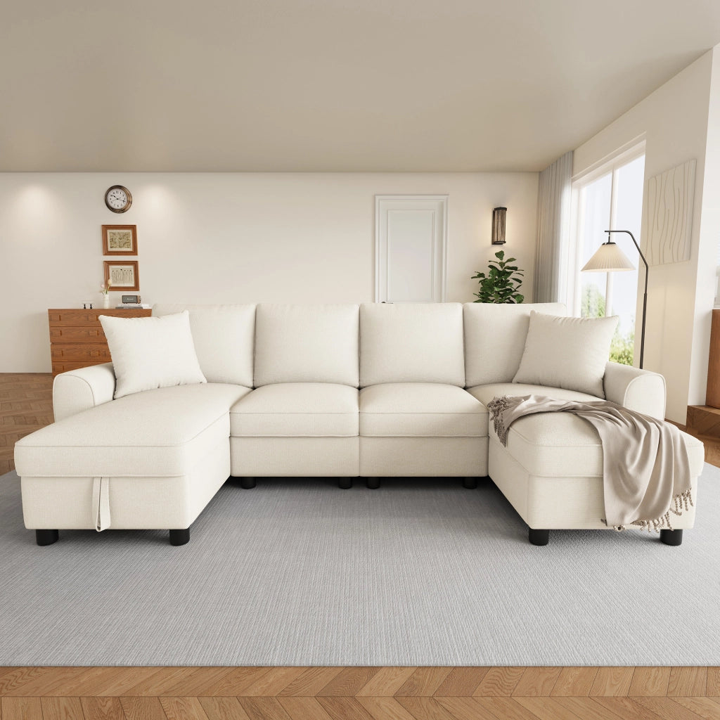 Divano modulare a U con contenitore e 2 cuscini - in chenille beige - 280 × 137 × 84 cm