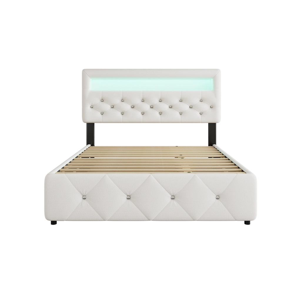 Letto matrimoniale imbottito ULEVR 140x200 cm con letto estraibile, 2 cassetti e barra luminosa, bianco