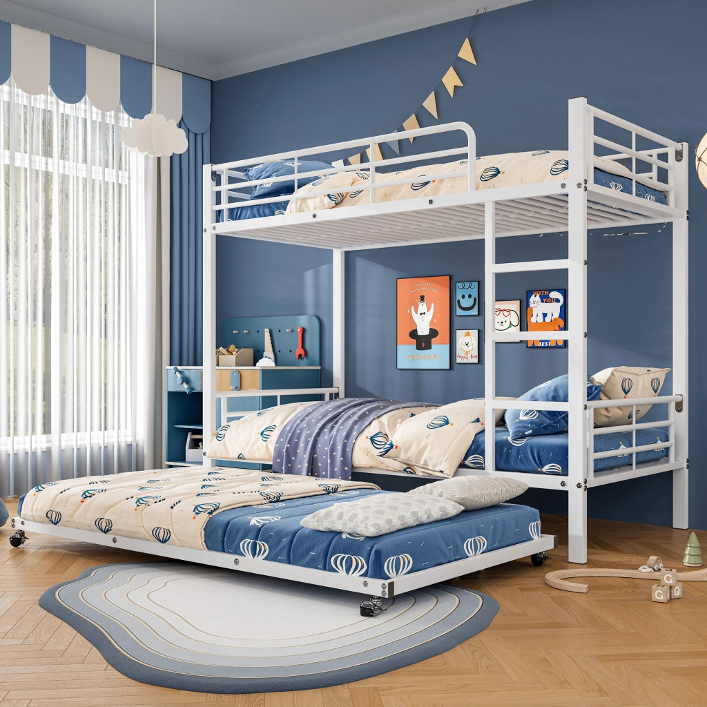 Letto a castello 90×200 cm con letto estraibile 90×190 cm, 3 posti, scala e barriere, senza materasso, in metallo bianco