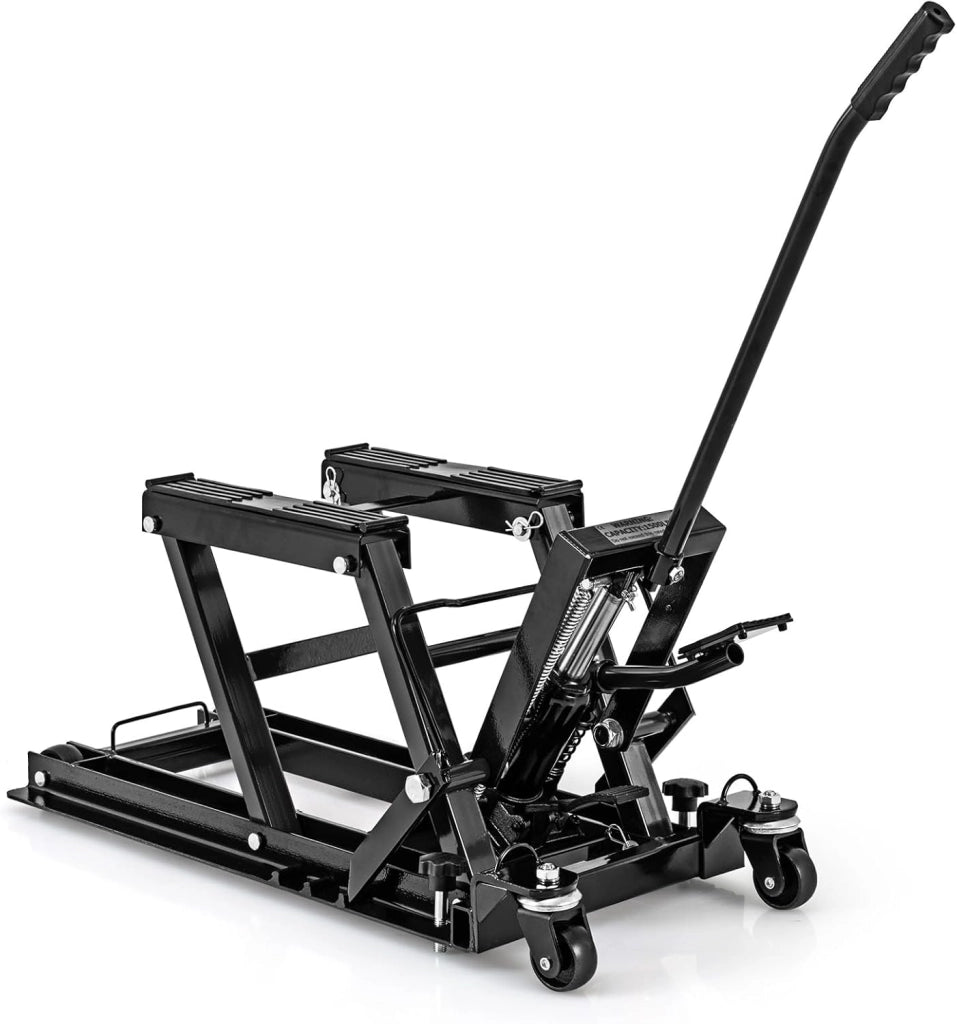 Ponte Sollevatore Idraulico per Moto, Sollevatore Motociclette Fino a 680 kg, Cric Alzamoto con Ruote e Piattaforma Regolabile in Altezza a Pedale Resistente per ATV, UTV per Officina (Nero)