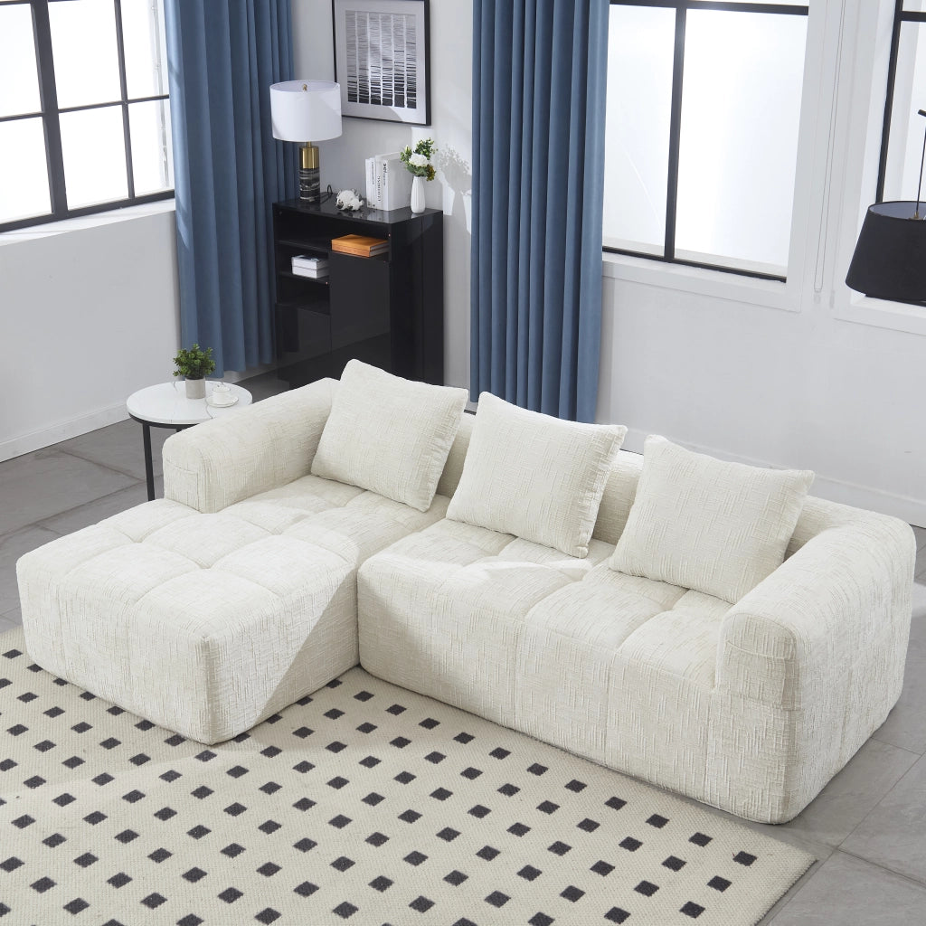Divano 3 posti con penisola in ciniglia beige; 250 cm; senza montaggio; con tasche laterali e 3 cuscini