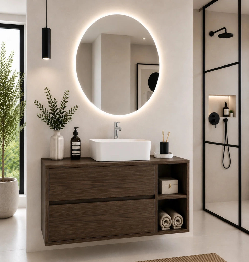 Mobile bagno con top in legno e lavabo da appoggio ORIGENBATH ZEUS senza specchio 80x45 cm Destra frassino tea con colonna