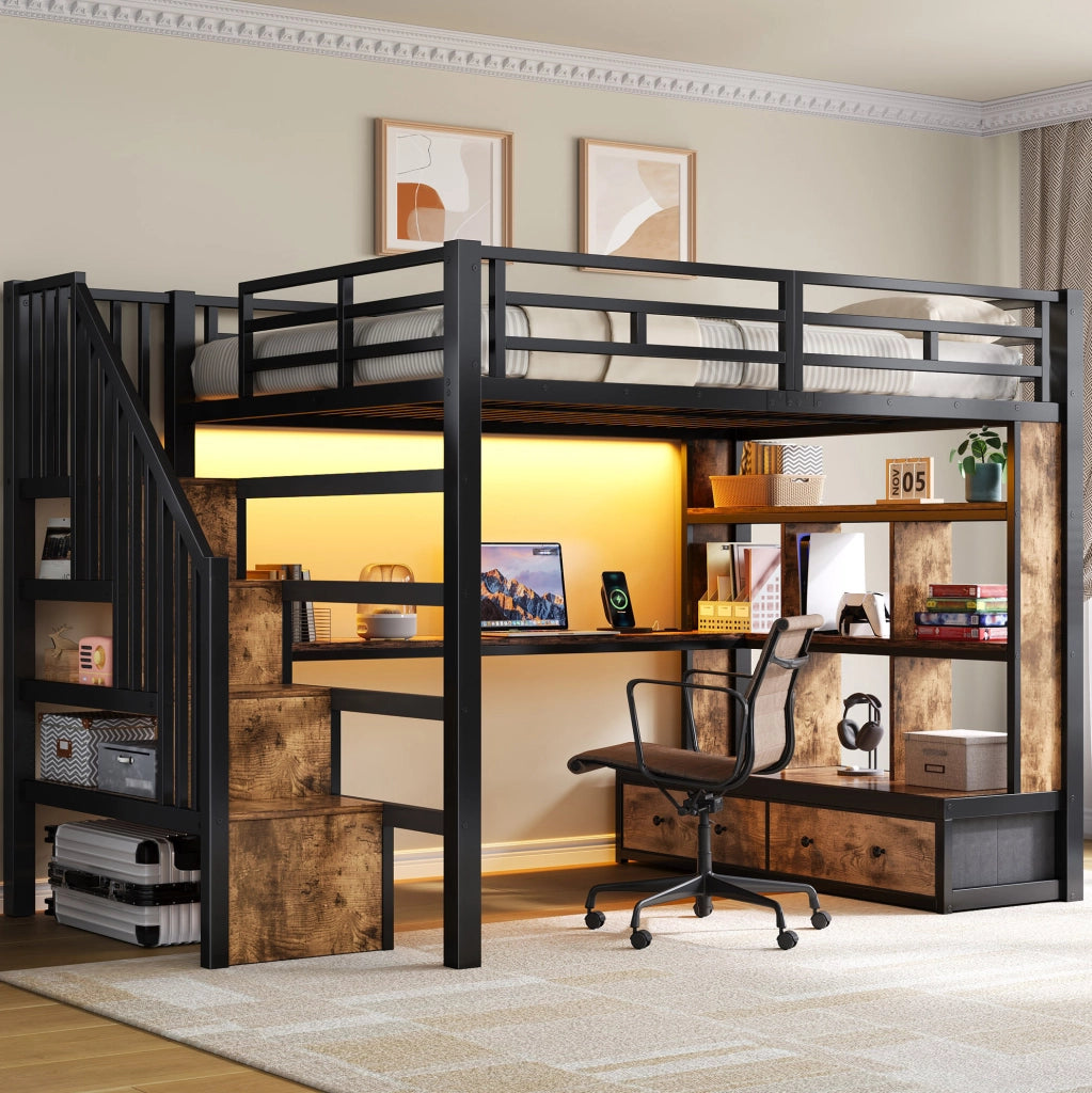 Letto a soppalco in metallo 140x200 cm con scrivania, scaffali, due cassetti integrati e scala con contenitore, colore nero