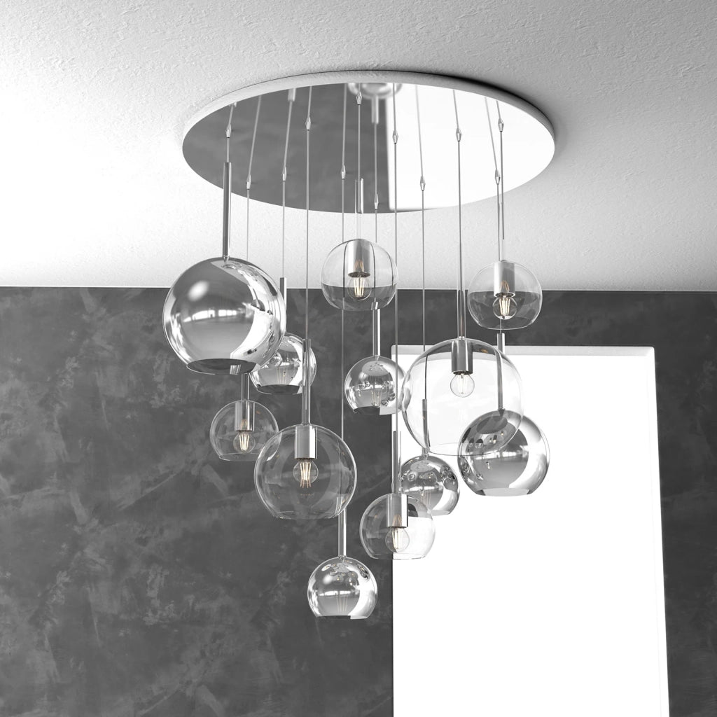 Lampadario Contemporaneo Future Metallo Cromo Vetro Mix Trasp-Cromo 12 Luci E27