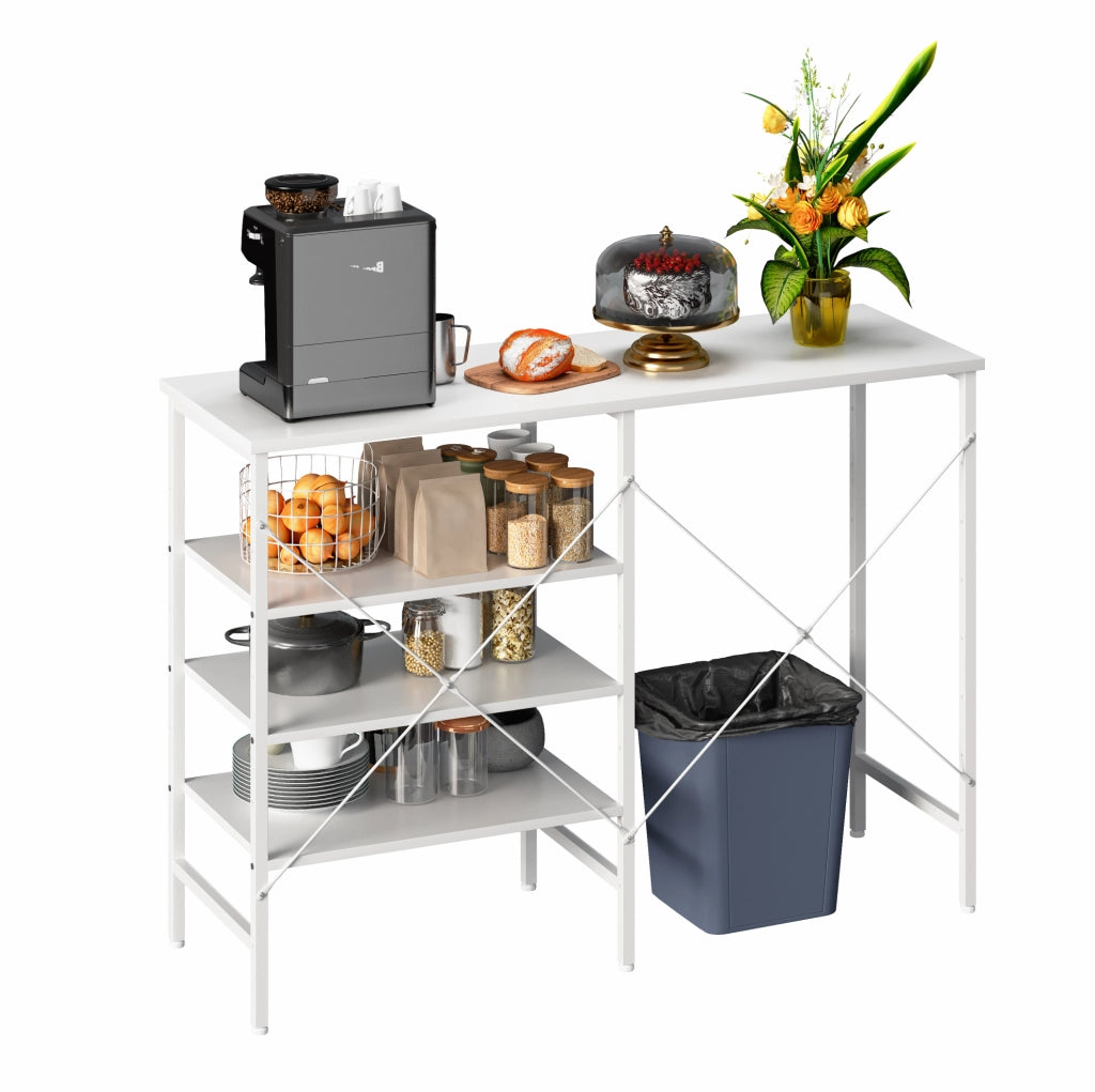 Tavolo Organizer Multifunzionale 120x40x85,5 cm con Struttura in Metallo e Piano Bianco, Montaggio Flessibile per Cucina, Soggiorno, Cantina e Garage