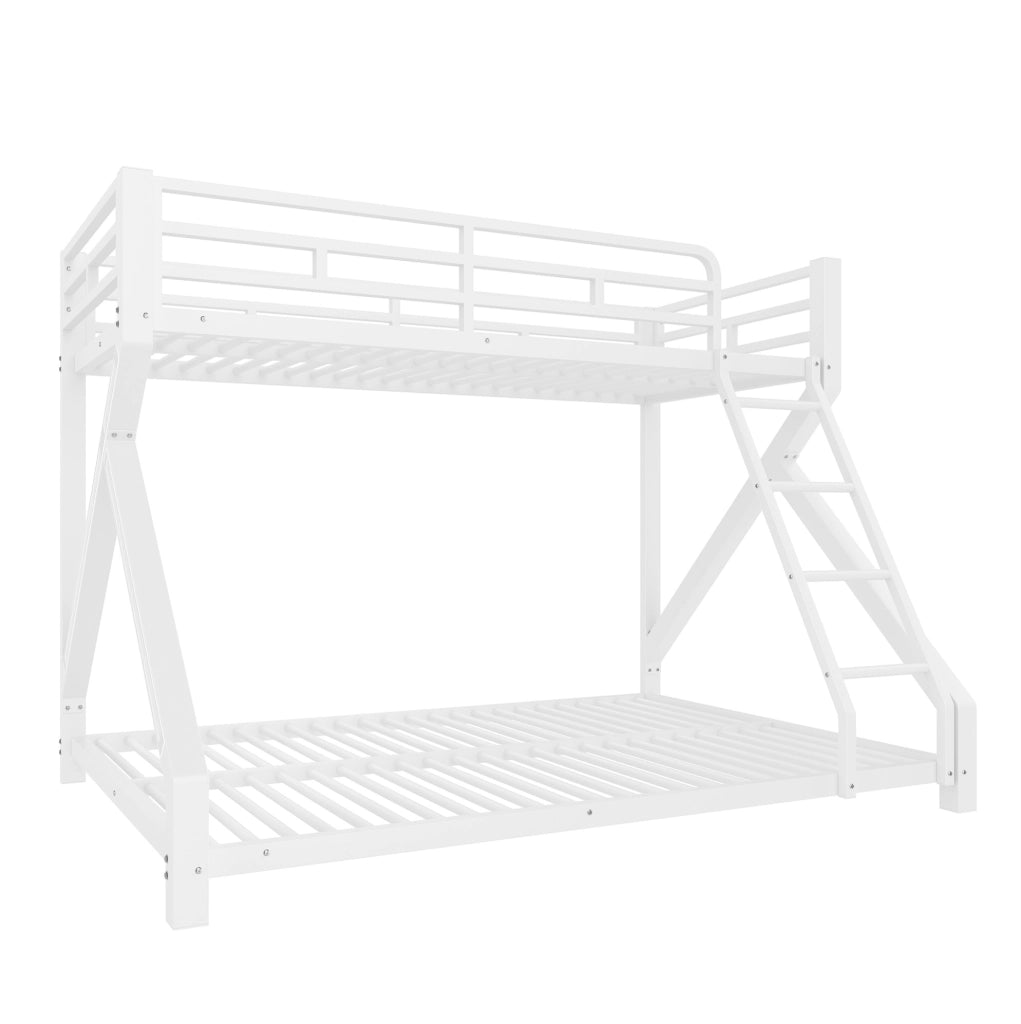Letto a Castello in Ferro 90x200 cm e 140x200 cm con Striscia LED, Corrimano di Sicurezza e Scala, Bianco, Senza Materasso