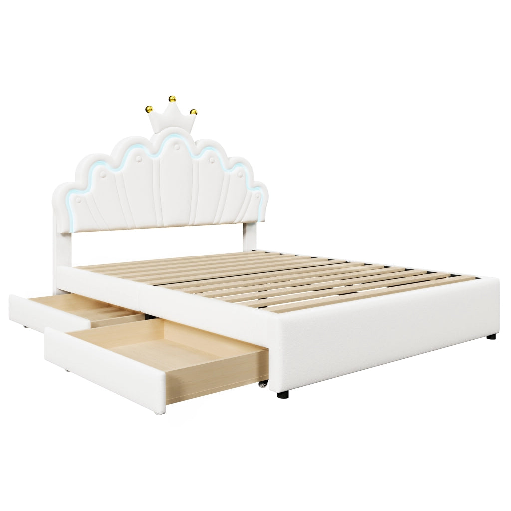 Letto matrimoniale Princess imbottito 140x200cm con 2 cassetti e forma di corona in PU bianco