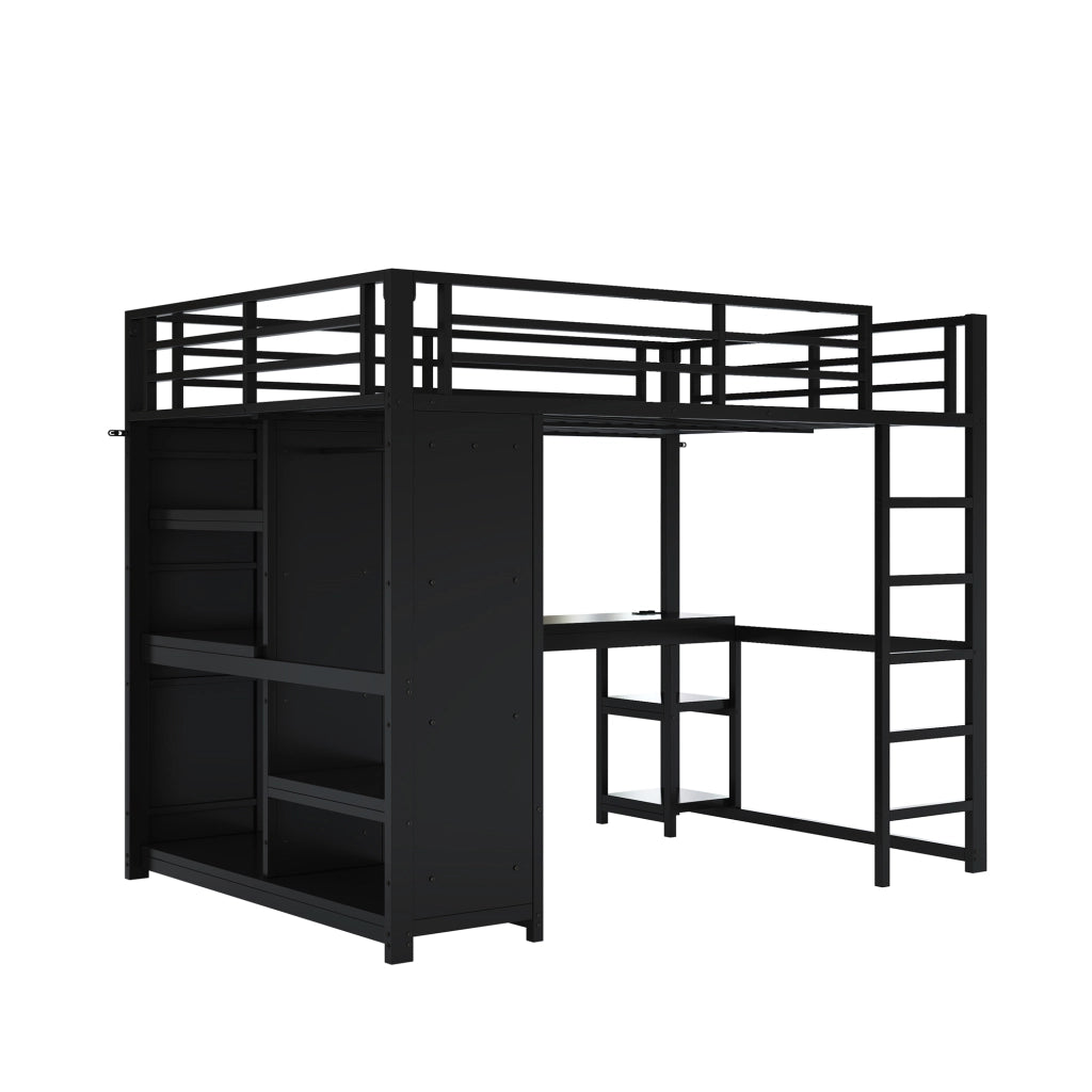 Letto a soppalco 140 × 200 cm con scrivania armadio aperto ripiani LED e stazione di ricarica in metallo nero