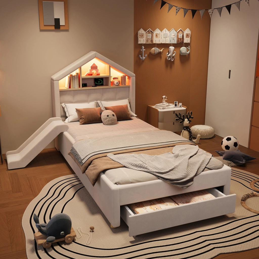 Letto per bambini 90 × 200 cm con scivolo, LED, porta di ricarica e cassetto, senza materasso, velluto beige