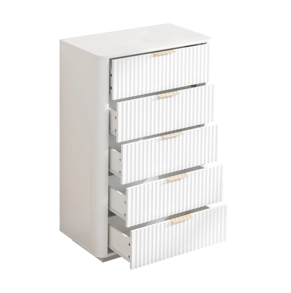 Cassettiera Moderna con 5 Cassetti in MDF Bianca con Maniglie in Metallo e Dispositivo Antiribaltamento