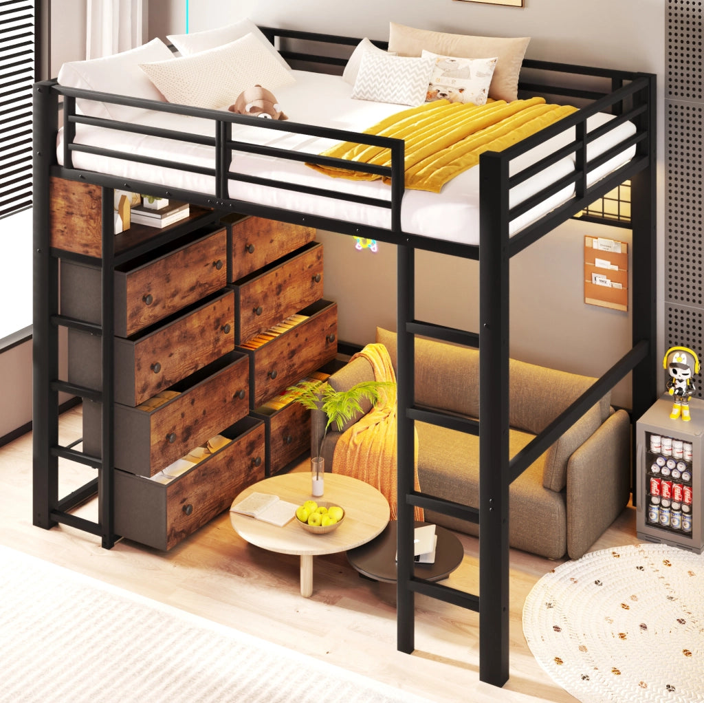 Letto a soppalco 140x200 cm nero con LED, 8 cassetti e ripiani