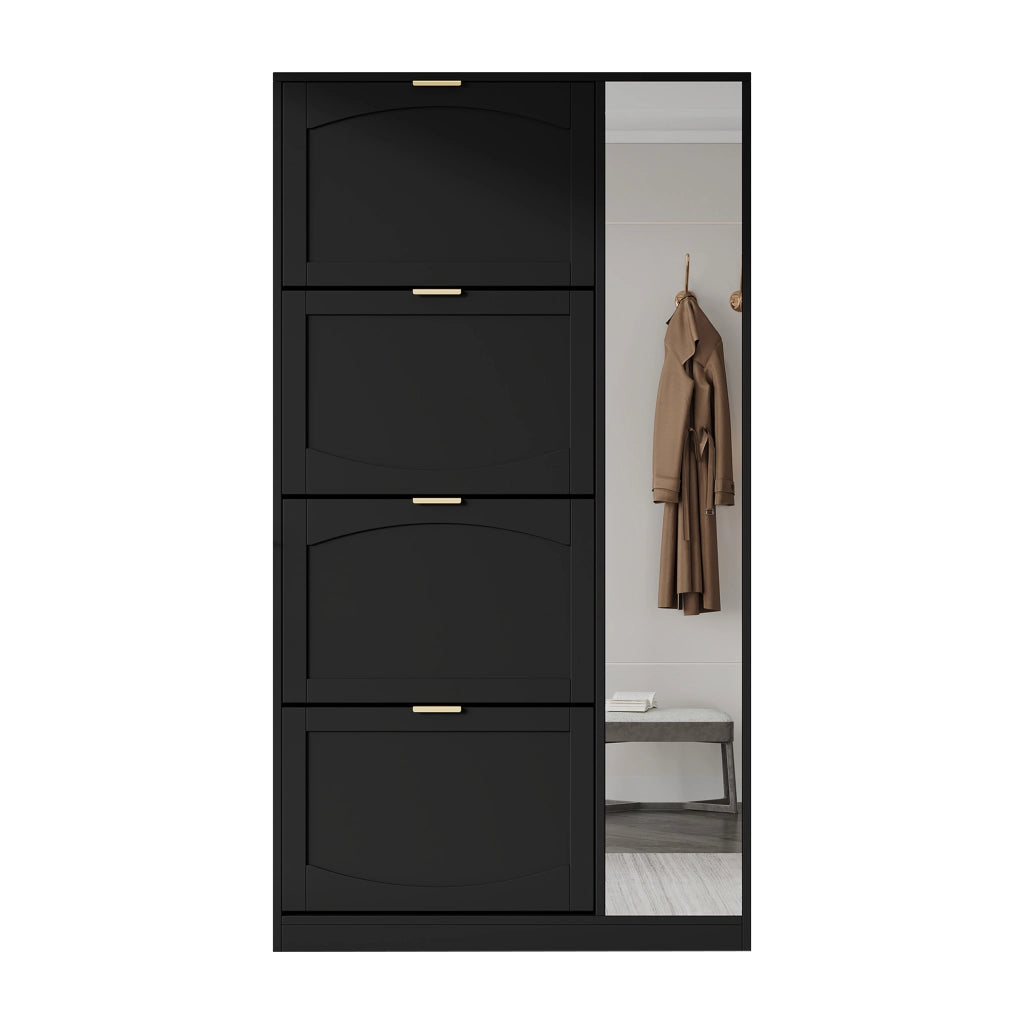 Scarpiera con specchio, 4 vani estraibili e ripiani regolabili, per ingresso, in truciolare nero, 80 × 24 × 147 cm