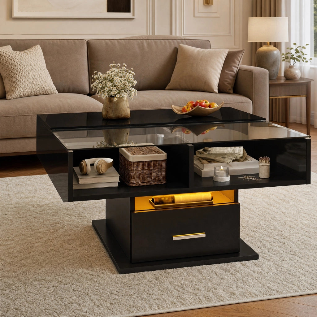 Tavolino da salotto elevabile 78x78 cm con LED Bluetooth in truciolare nero