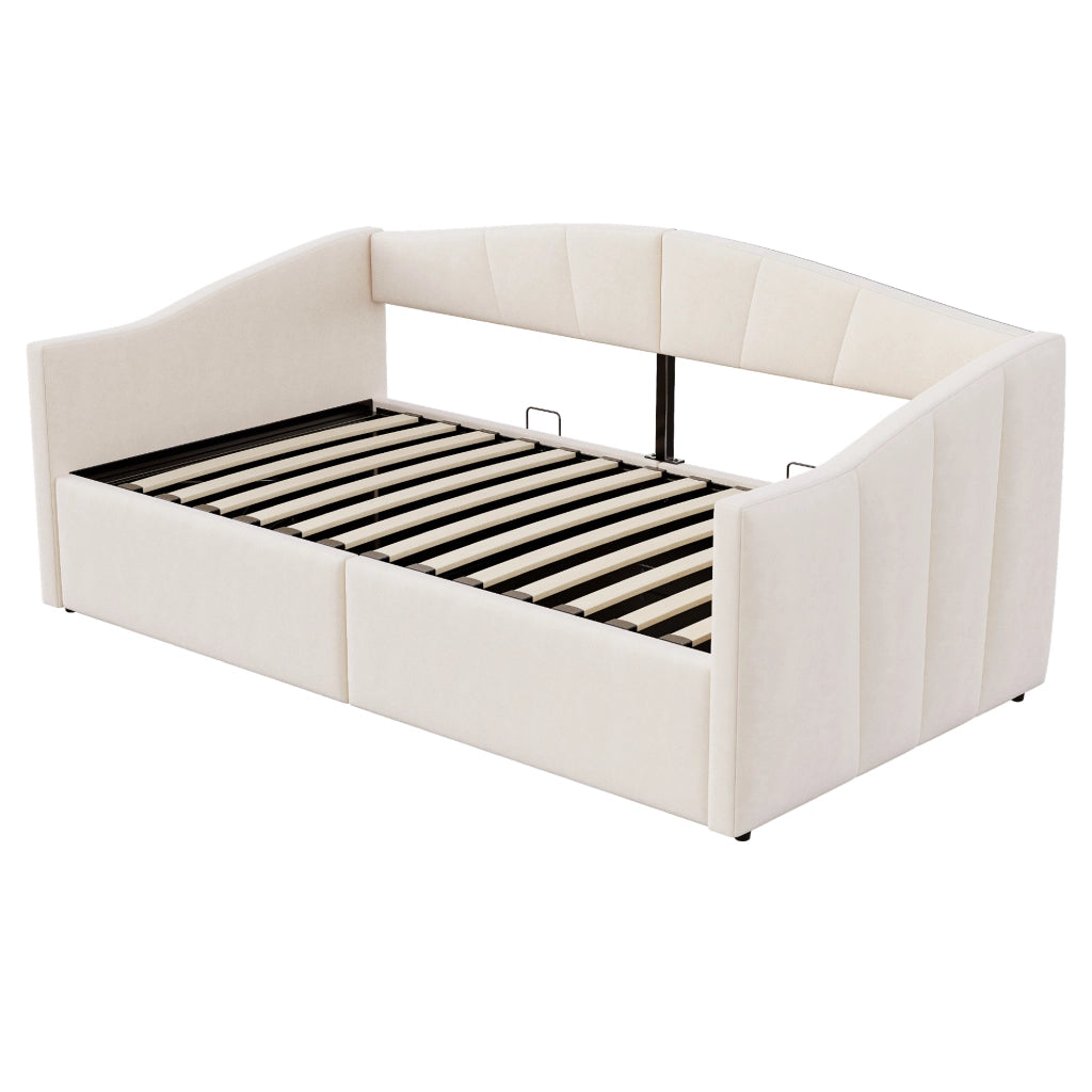 Letto contenitore singolo 90×200 cm con sollevamento idraulico e rete a doghe; senza materasso; velluto; beige