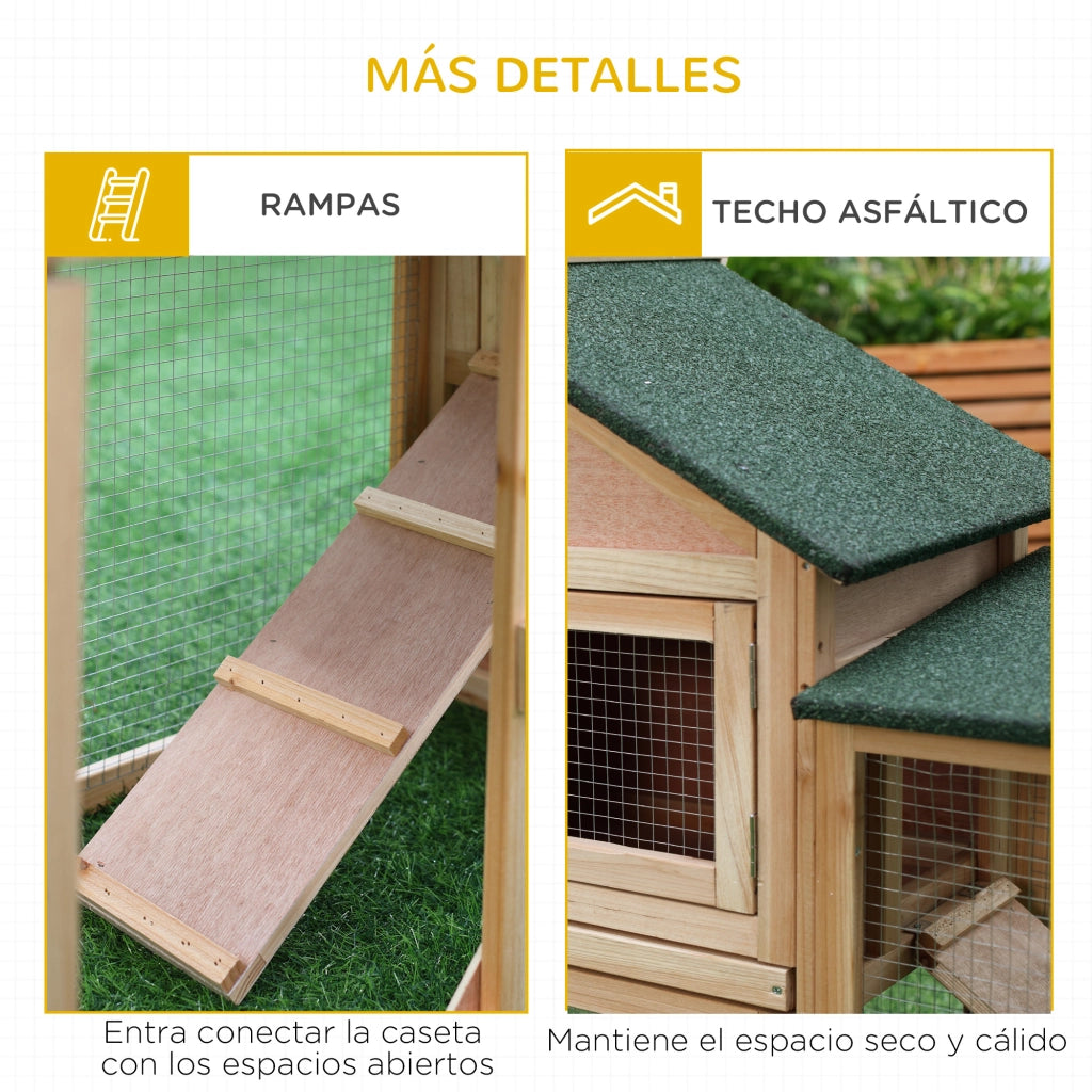 Gabbia per Conigli Grande in Legno per Esterno con Tettoia ¨C Minimal ¨C 210x45,5x84,5 cm Natural e Verde