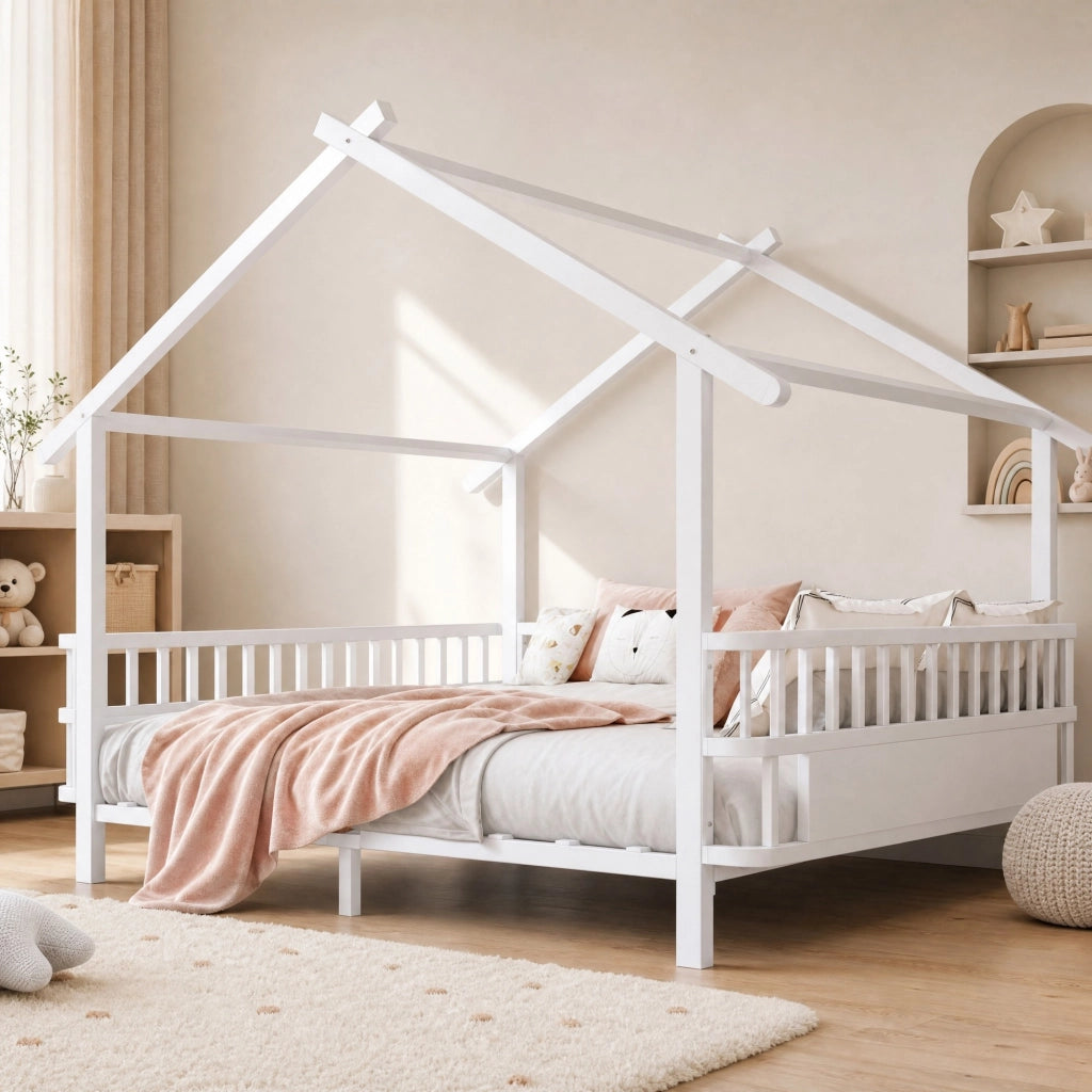 Letto per bambini 140 × 200 cm con barriera di sicurezza; struttura a casetta; senza materasso; in metallo bianco