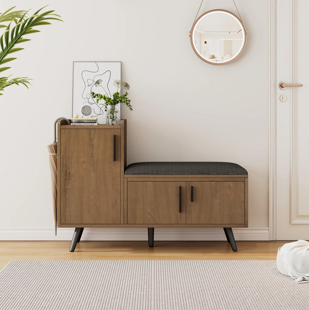 Panca Porta Scarpe Moderna con Tre Ante e Maniglie Asimmetriche in Metallo, 100x34x69 cm, Colore Naturale