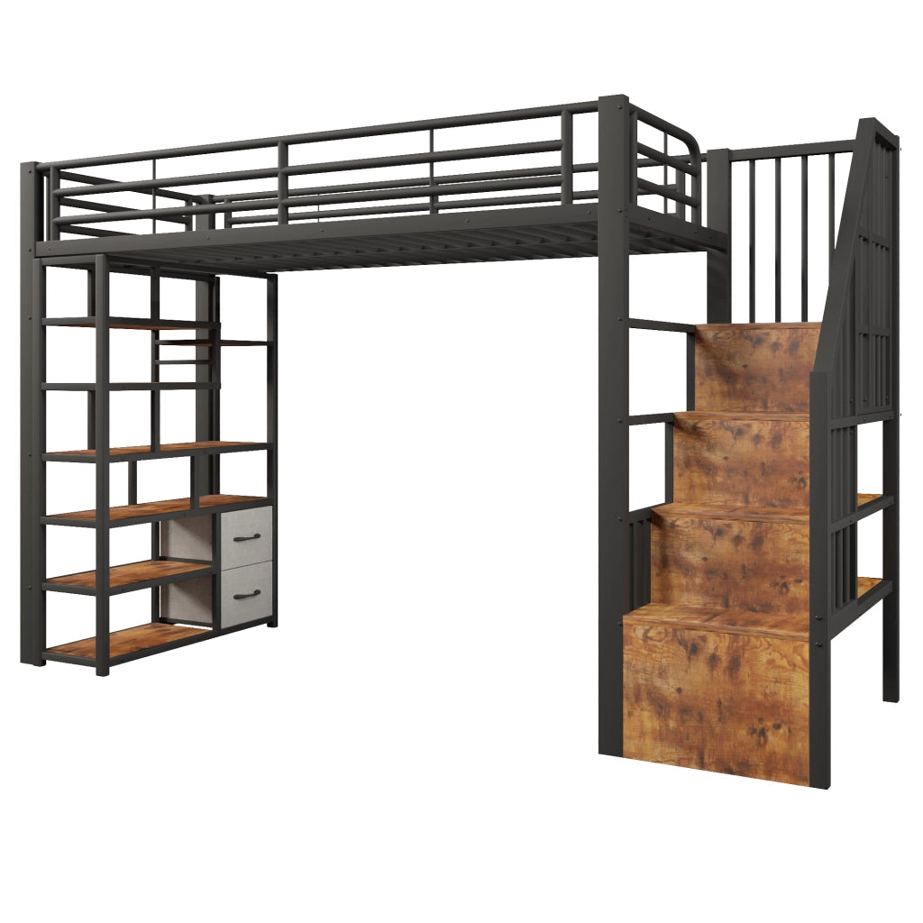 Letto a soppalco 90x200 cm nero con scala; sponde di sicurezza e struttura in metallo e MDF