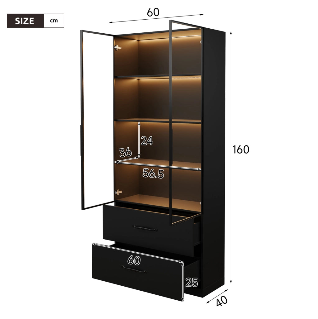 Vetrina LED nera 60x40x160 cm con 2 cassetti