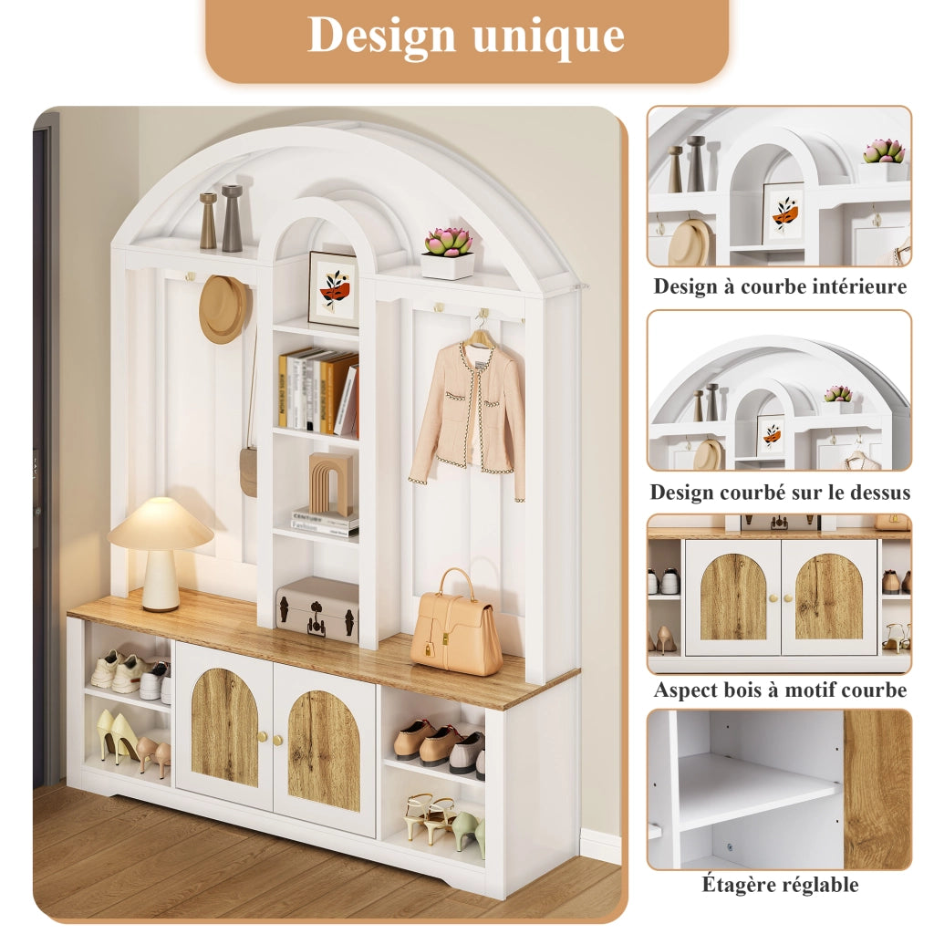 Mobile da ingresso con 2 Ante; 5 Vani; Ganci e LED per Ingresso in MDF 150 × 40 × 195 cm Bianco