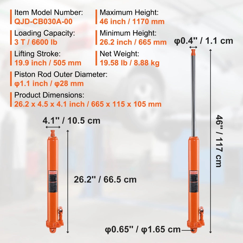 Cric Idraulico a Ram Lungo 3T QJD-CB030A-00 Cilindro Sollevamento con Pompa a Pistone Singolo e Base Forcella per Paranchi Officina