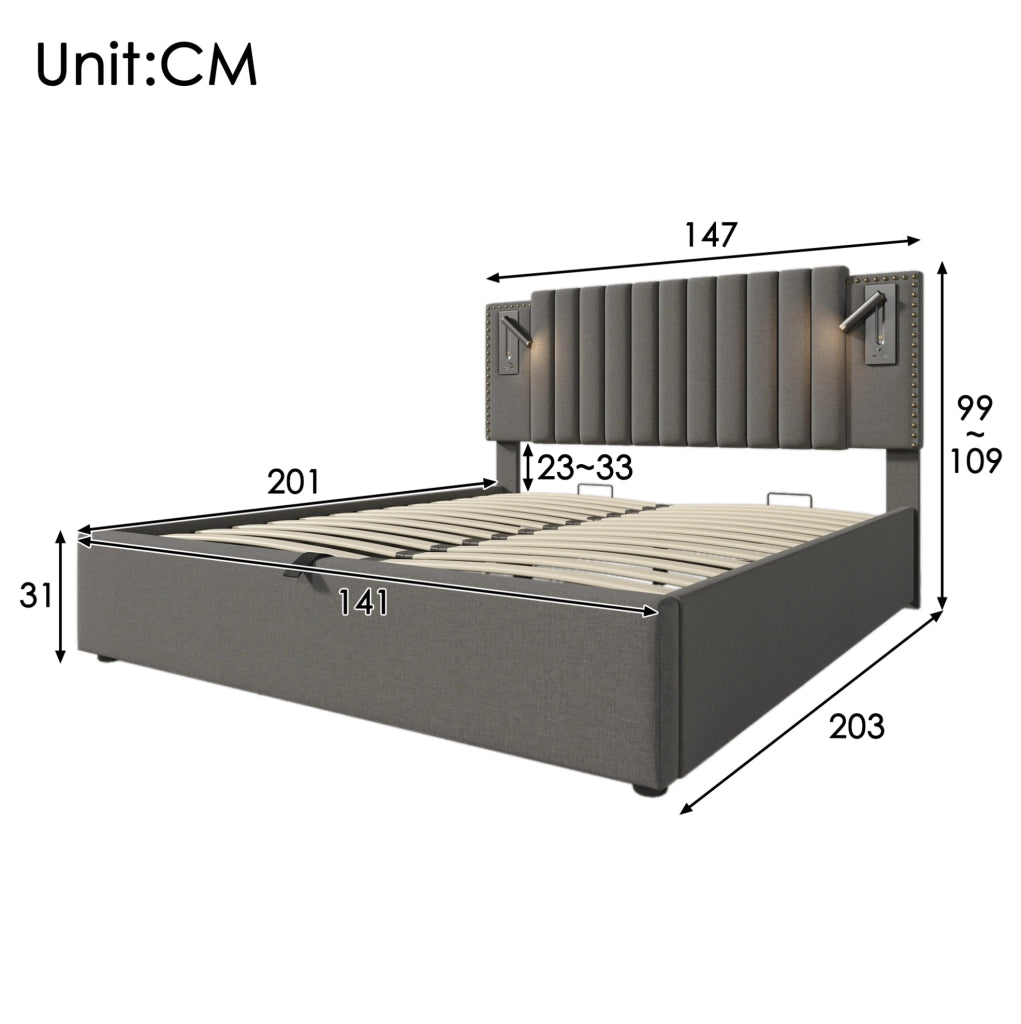 Letto matrimoniale 140x200 cm con contenitore; luce di lettura e USB; cotone grigio