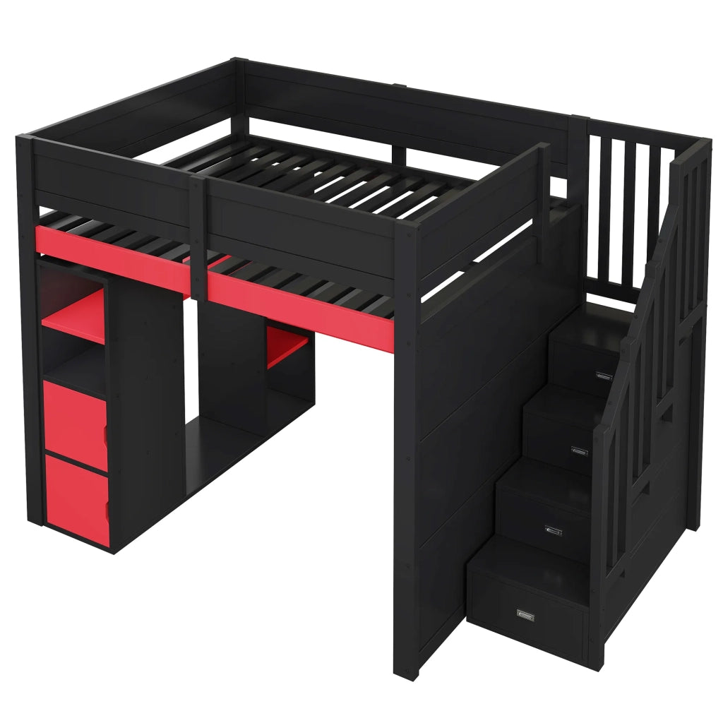 Letto a soppalco gaming in legno 140x200 cm con scrivania, ampio spazio contenitore, illuminazione LED, porta USB e scala nera con contenitore, nero + rosso