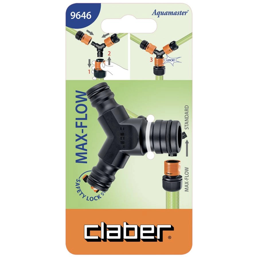 DEVIATORE A 3 VIE PER TUBI DA GIARDINO CLABER MAX-FLOW CON INNESTO RAPIDO STAND
