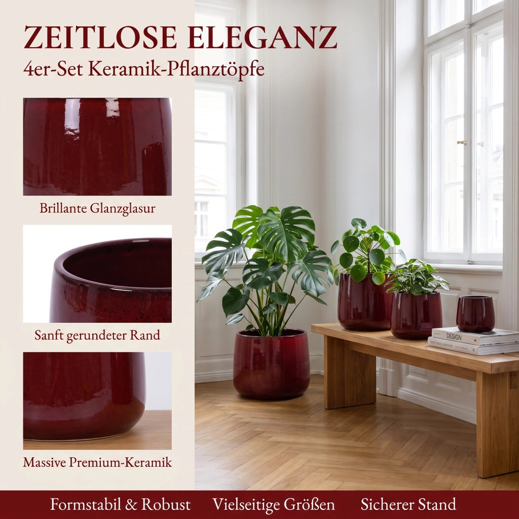 Vasi da fiori set di 4 in ceramica con foro di drenaggio smaltati rosso lucido per interno balcone e giardino