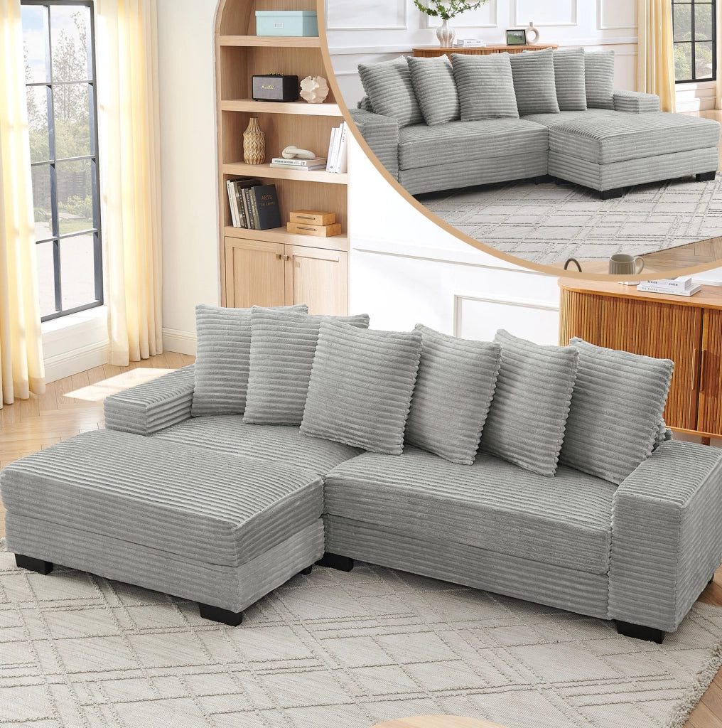 Divano angolare a L 4 posti 256;5 x 133;5 x 89 cm in corduroy grigio; con 6 cuscini