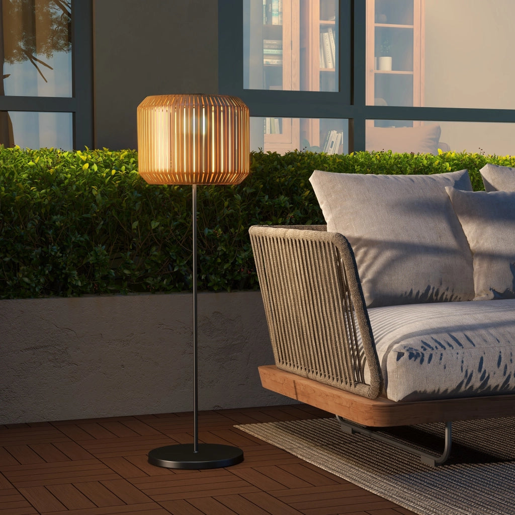 Lampada solare in rattan per vialetti con luce bianca calda, lampada da giardino a LED impermeabile con sensore di luce, lampada da terra in acciaio