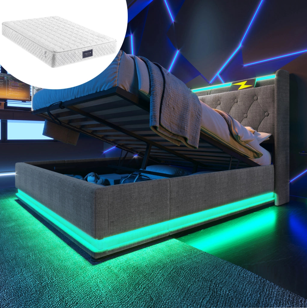 Letto matrimoniale imbottito 160x200 cm in lino grigio con illuminazione LED 360°, testiera con caricatore USB Tipo-C e rete a doghe inclusa