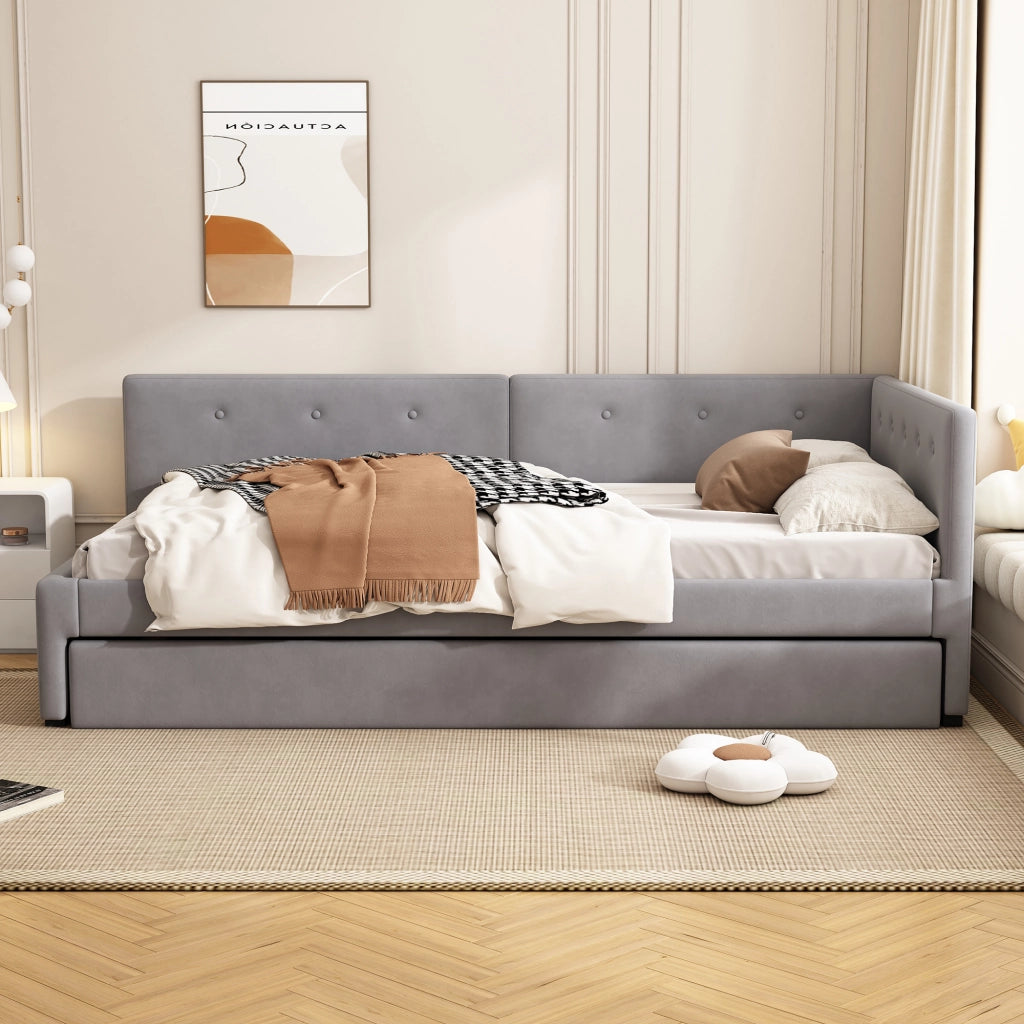 Letto estraibile singolo 90×200 cm con rete e testiera; senza materasso; velluto; grigio