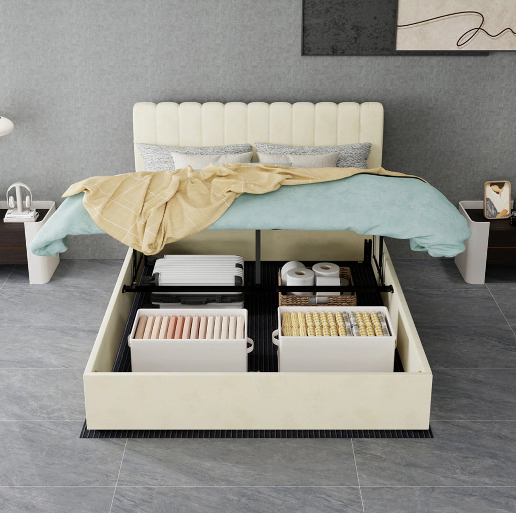 Letto imbottito minimalista beige 140x200 cm con testata morbida e contenitore