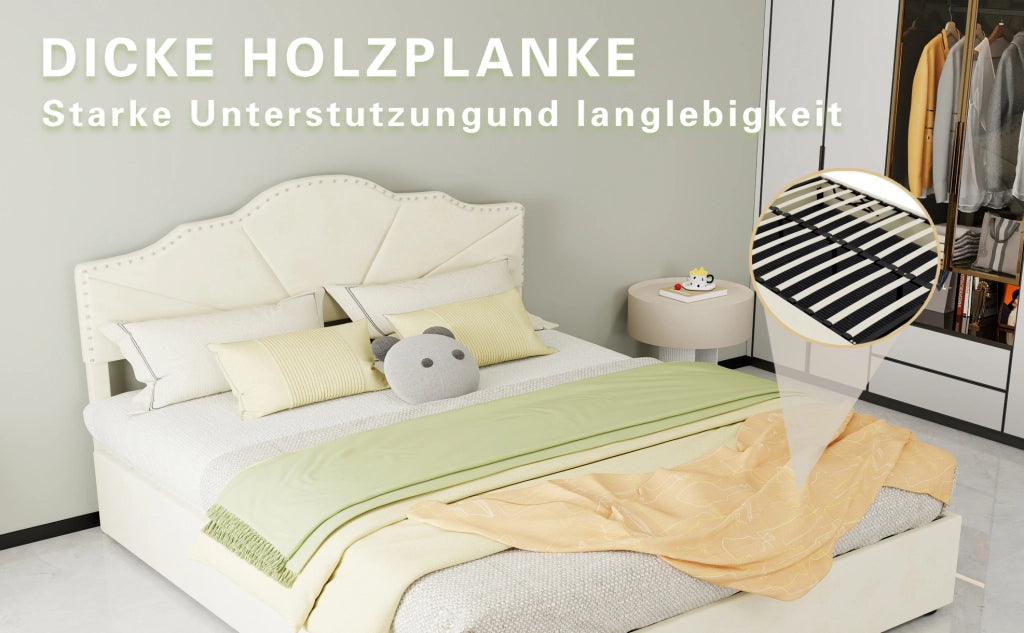 Letto moderno minimalista 160x200 cm beige con testiera imbottita e struttura contenitore con pistone pneumatico, materasso incluso