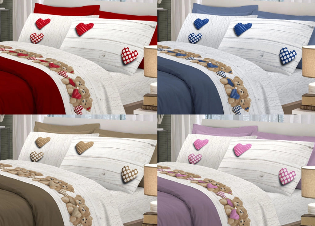 Completo Lenzuola Linea Pensieri Delicati 100% Cotone Disegno New Orsetti - Piazza E Mezza - Blu