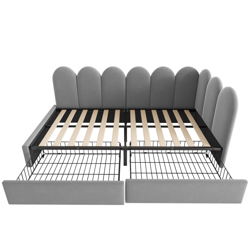 Letto imbottito con 2 cassetti, struttura L e rivestimento in velluto grigio 90x190 cm