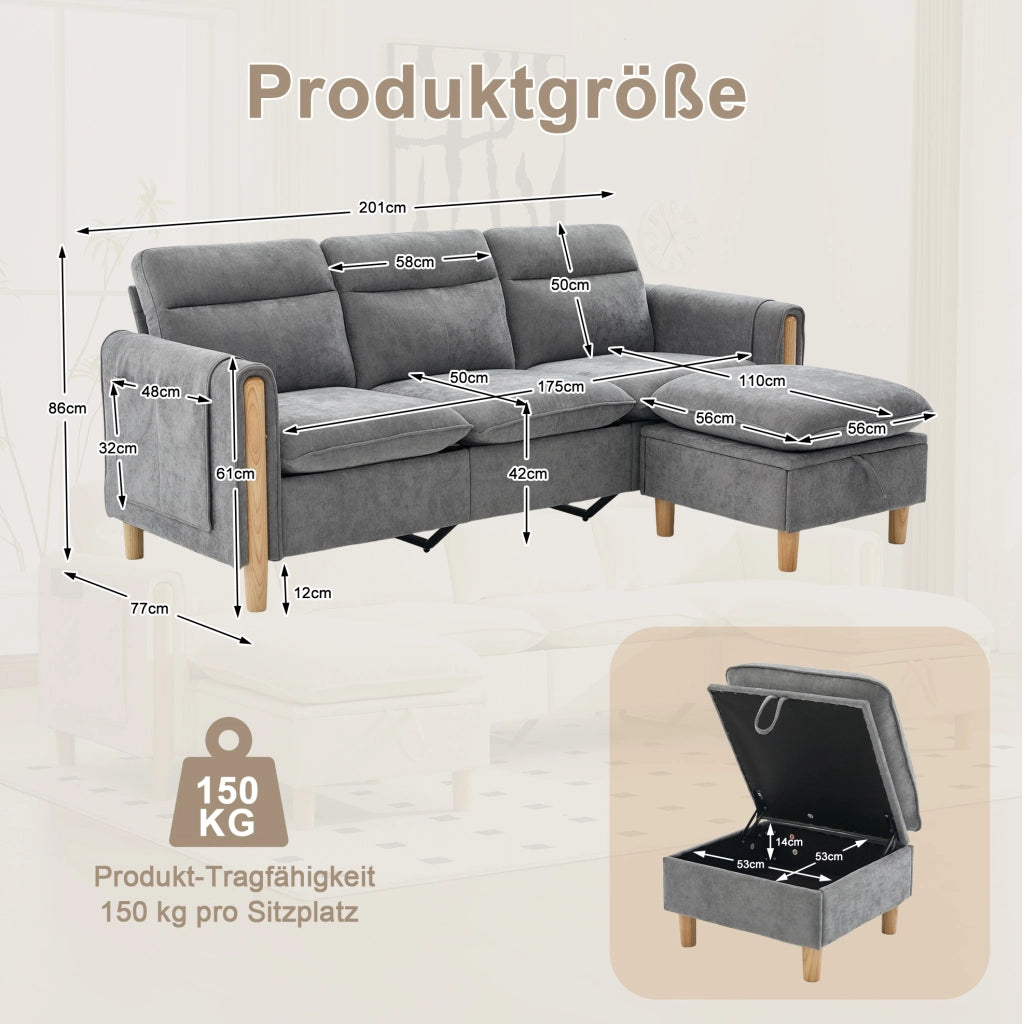 Divano angolare 3 posti reversibile in ciniglia con pouf contenitore e tasche laterali; grigio chiaro