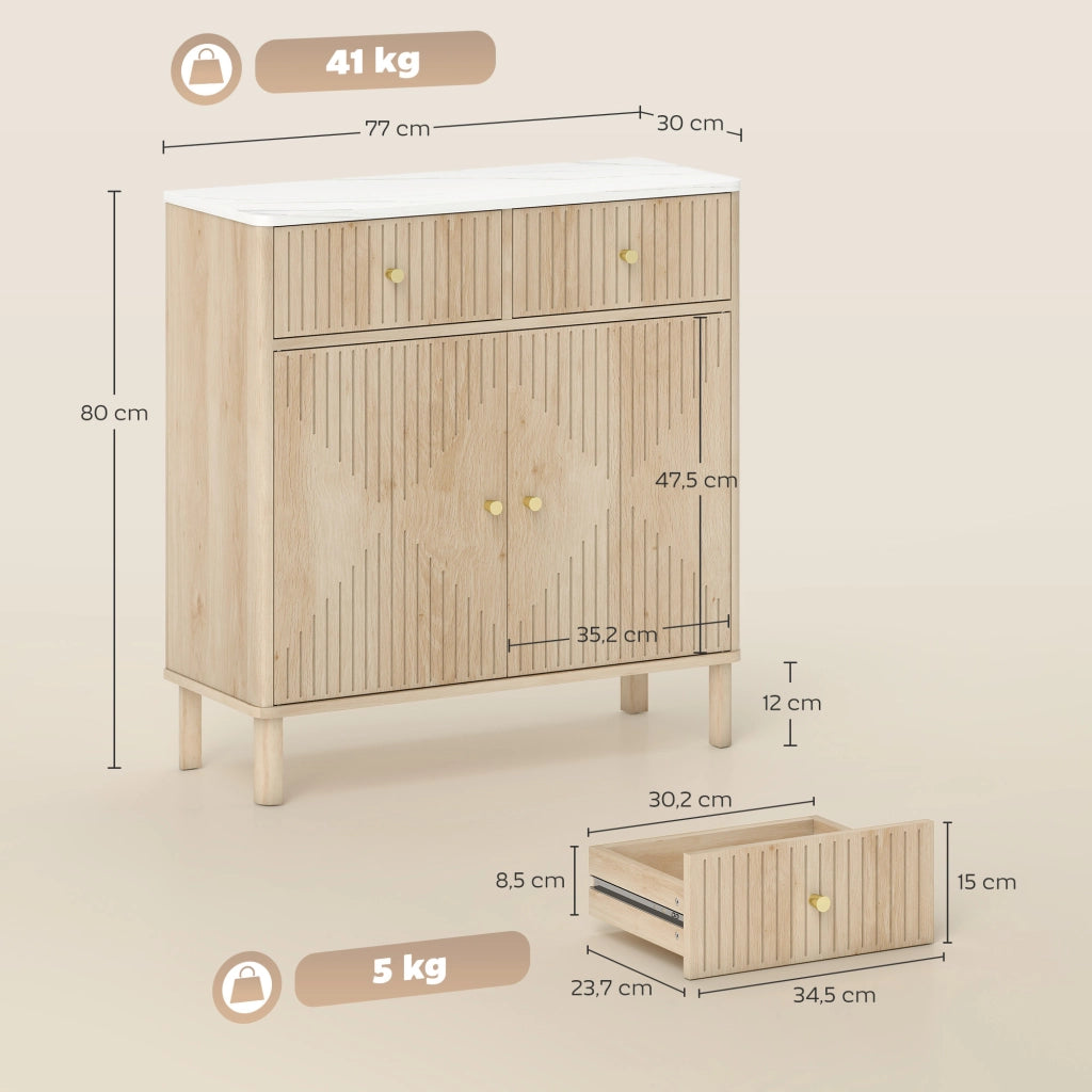 Credenza mobile contenitore scanalato effetto marmo e rovere, 2 cassetti e 2 ante con ripiano regolabile, 77x30x80cm