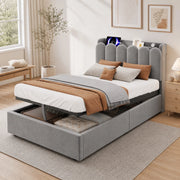 Letto singolo per bambini ULEVR 90x200 cm con contenitore idraulico, USB e Type-C, velluto grigio