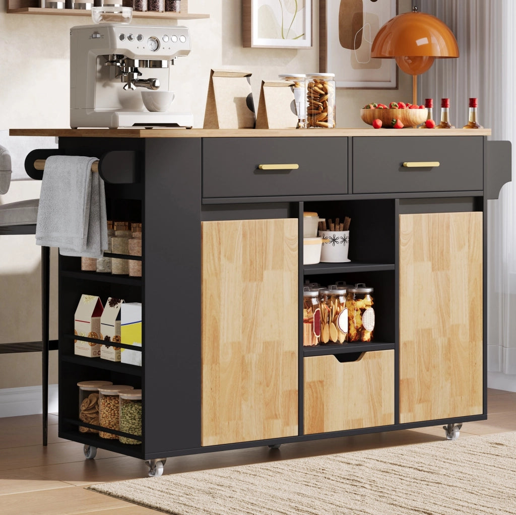 Isola cucina mobile con piano allungabile, carrello con 3 cestoni e scaffale porta spezie, 120 × 45(71) × 90 cm, mobili con ruote bloccabili