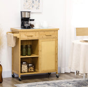 Carrello da cucina in bambù con cassetti, armadio, ripiani e ruote