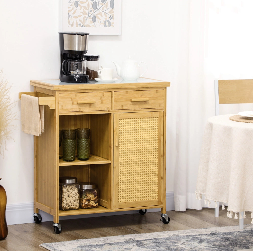 Carrello da cucina in bambù con cassetti, armadio, ripiani e ruote