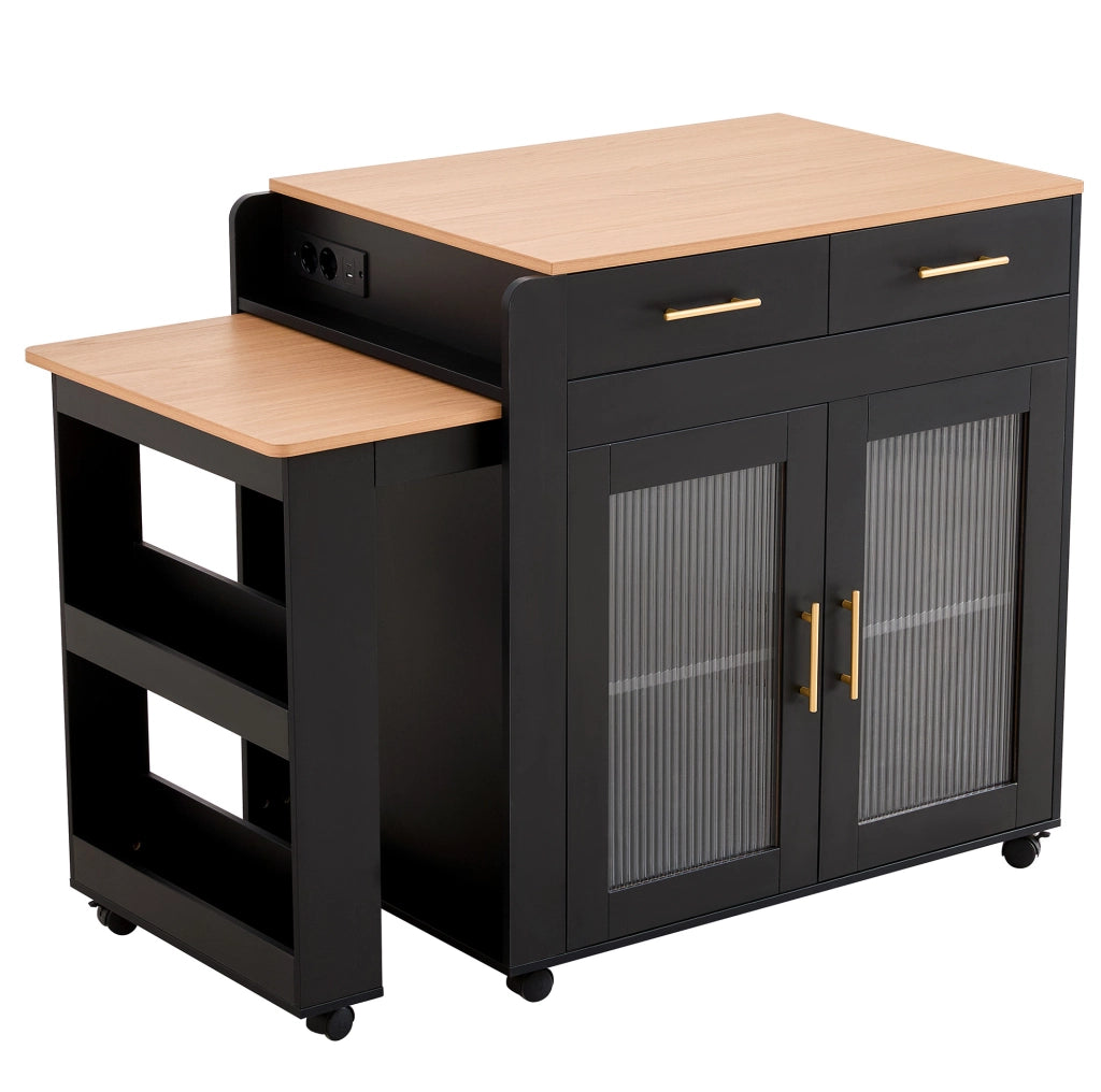 Isola cucina con tavolo estraibile 116-177 cm e prese USB; nera HOMVRA