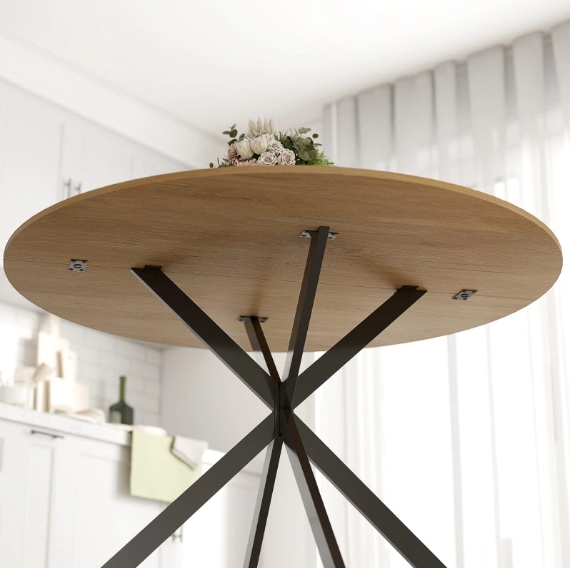 Tavolo da pranzo rotondo ?120 cm con gambe in acciaio a X; effetto rovere