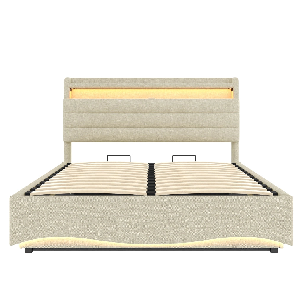 Letto contenitore 140x200 cm in lino beige con ripiani; LED; USB e USB-C