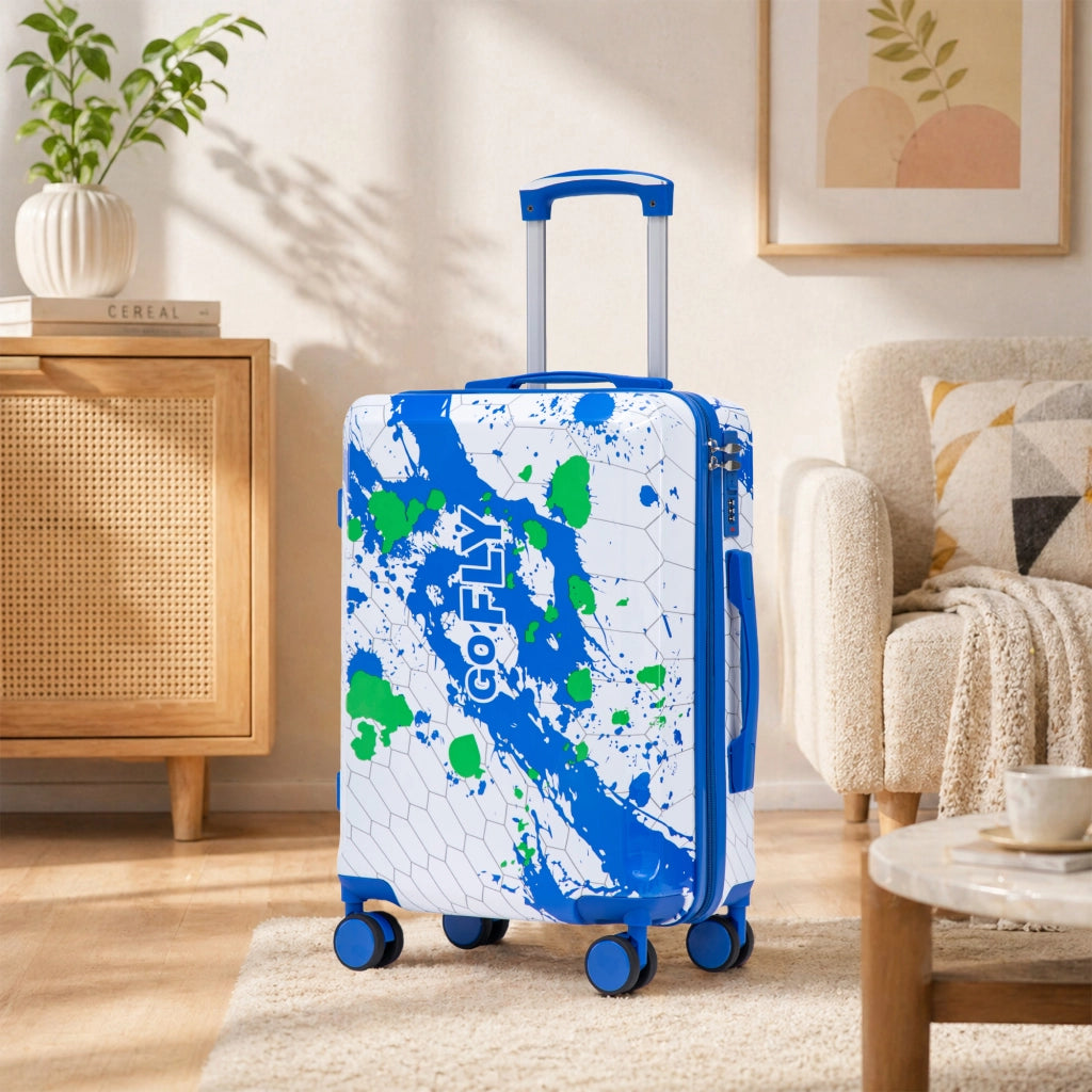 Trolley rigido da viaggio 20 pollici in PC blu con stampa puntinata ruote girevoli a 360° e lucchetto a codice